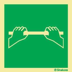 Signo de salida de emergencia, soporte en el bar para abrir