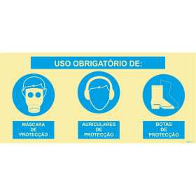 Signo triple compuesto, uso obligatorio de máscara protectora, auriculares protectores y botas protectoras