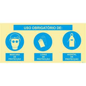Signo triple compuesto, uso obligatorio de máscara protectora, guantes protectores y delantal protector