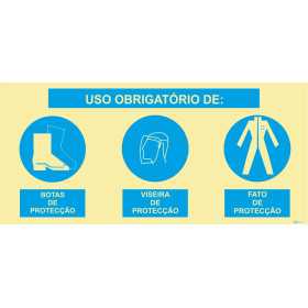 Signo triple compuesto, uso obligatorio de botas protectoras, visera protectora y traje protector
