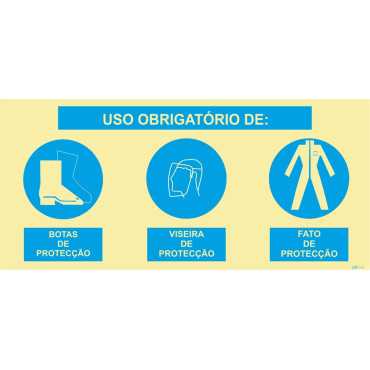 Signo triple compuesto, uso obligatorio de botas protectoras, visera protectora y traje protector