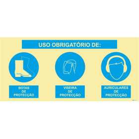 Signo triple compuesto, uso obligatorio de botas protectoras, pantalla protectora y auriculares protectores