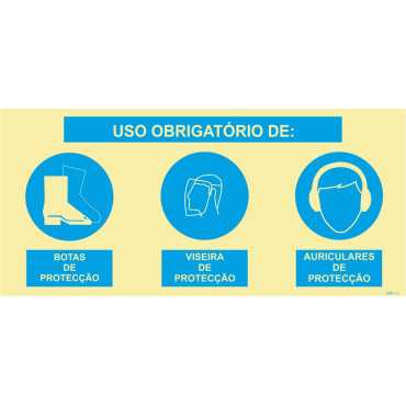 Signo triple compuesto, uso obligatorio de botas protectoras, pantalla protectora y auriculares protectores