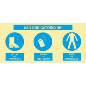 Señal triple compuesta, uso obligatorio de guantes protectores, botas protectoras y ropa protectora