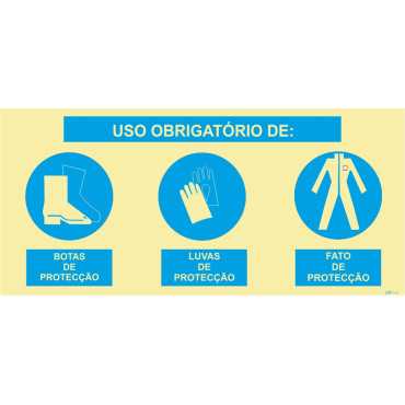 Señal triple compuesta, uso obligatorio de guantes protectores, botas protectoras y ropa protectora