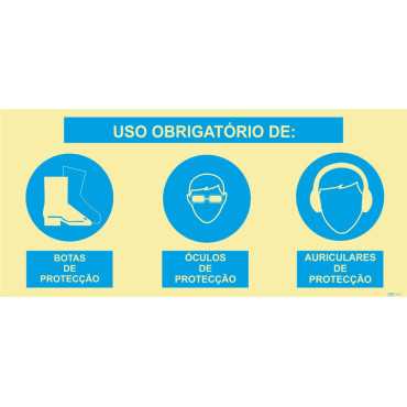 Signo triple compuesto, uso obligatorio de gafas protectoras, botas protectoras y auriculares protectores