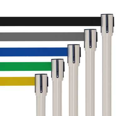 postes delimitadores de filas retráctiles|poste con cinta retráctil|bahías separadoras|cinta separadora de colas| separadores de