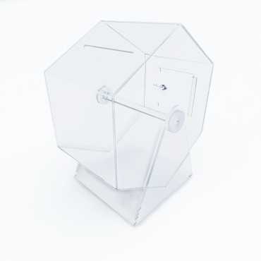 urna giratoria|tómbola de sorteos|urna transparente|sorteador manual|caja giratoria de sorteo|urna giratoria con tapa