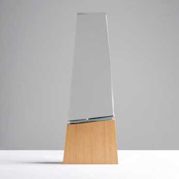 Trofeo de madera y cristal con caja de regalo – Diseño geométrico premium